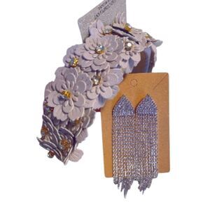 Purple Embellished Floral Headband and Long Fringe Rhinestone Earrings Lot NWT